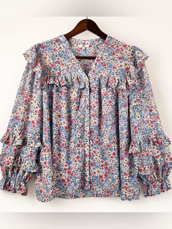 entro Tops - Entro Floral Ruffle Blouse Statement Sleeve Sheer Romantic Prairie Top L
